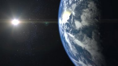 Dünyadan uzaya. Yıldızlar parıldıyor. Dünya üzerinde uçmak. 4 bin. Kamera ileri gidiyor. Gün doğumu. Dünya yavaşça döner. Gerçekçi atmosfer. 3D Volumetrik Bulutlar. Güneş çerçevenin içinde..
