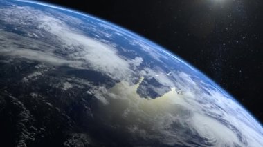 Dünyadan uzaya. Kamera Dünya 'dan uzağa uçuyor. Yıldızlar parıldıyor. Dünya üzerinde uçmak. Ufuk sağa dönük. 4 bin. Gün doğumu. Gerçekçi atmosfer. 3 Boyutlu Ses Ölçümü Bulutları.