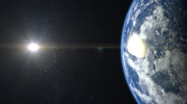 Dünyadan uzaya. Yıldızlar parıldıyor. 4 bin. Gün doğumu. Dünya yavaşça döner. Gerçekçi atmosfer. 3D Volumetrik Bulutlar. Dünya ekranda. Güneş çerçevenin içinde..