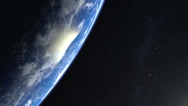 Γη από το διάστημα. Τα αστέρια λάμπουν. Πτήση πάνω από τη Γη. 4K. Η γη περιστρέφεται αργά. Ρεαλιστική ατμόσφαιρα. 3D Ογκομετρικά σύννεφα. Δεν υπάρχει ήλιος στο πλαίσιο. — Αρχείο Βίντεο