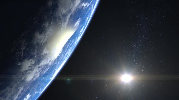 Erde aus dem All. Sterne funkeln. Flug über die Erde. 4K. Sonnenaufgang. Die Erde dreht sich langsam. Realistische Atmosphäre. 3D Volumetrische Wolken. Die Sonne ist im Bild. — Stockvideo