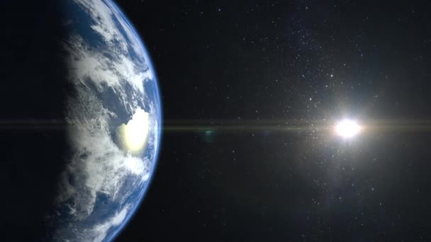 Země z vesmíru. Kamera letí k Zemi. Hvězdy se třpytí. Let nad Zemí. 4K. Země se pomalu otáčí. Realistická atmosféra. 3D objemové mraky. Slunce je v rámu. — Stock video