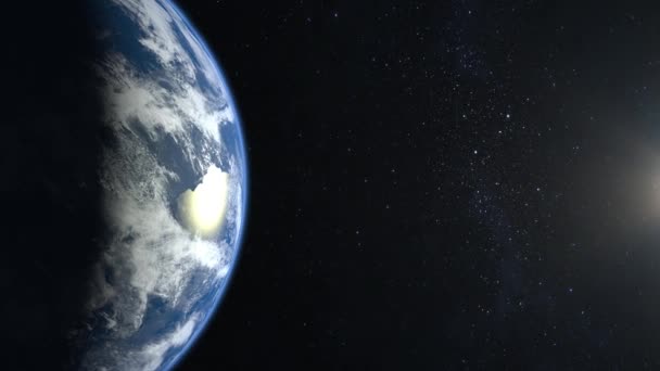 Země z vesmíru. Kamera letí k Zemi. Hvězdy se třpytí. Let nad Zemí. 4K. Země se pomalu otáčí. Realistická atmosféra. 3D objemové mraky. Žádné slunce v rámu. — Stock video