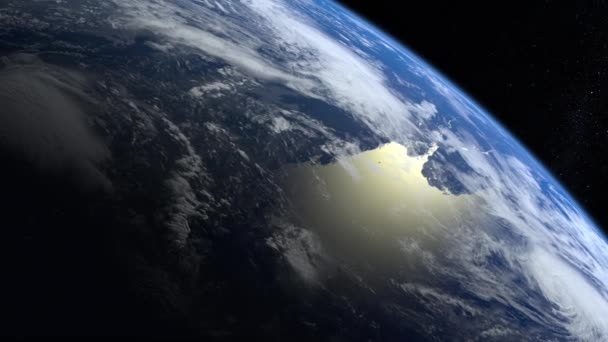Ziemia z kosmosu. Gwiazdy błyszczą. Lot nad Ziemią. Horyzont jest odwrócony w prawo. 4K. Wschód słońca. Ziemia powoli się obraca. Realistyczna atmosfera. 3D Obłoki objętościowe. — Wideo stockowe