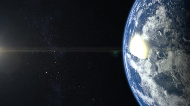 Země z vesmíru. Hvězdy se třpytí. 4K. Východ slunce. Země se pomalu otáčí. Realistická atmosféra. 3D objemové mraky. Země přímo na obrazovce. Žádné slunce v rámu. — Stock video