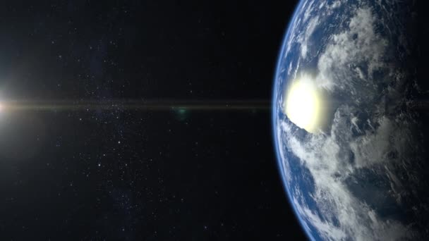 Země z vesmíru. Kamera se blíží k Zemi. Hvězdy se třpytí. 4K. Země se pomalu otáčí. Realistická atmosféra. 3D objemové mraky. Žádné slunce v rámu. — Stock video