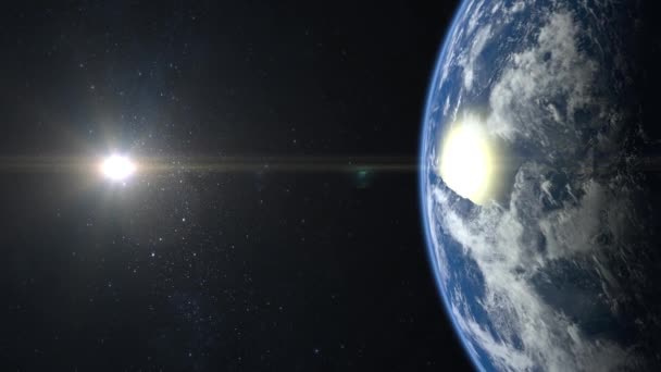 宇宙からの地球 カメラが地球に近づいている 星が輝きます 地球はゆっくりと回転する 現実的な雰囲気 3Dボリュームクラウド 太陽は枠の中にある — ストック動画