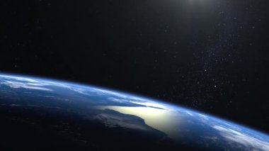 Toprak. Dünya 'nın uzaydan görünüşü. Yıldızlar parıldıyor. Ufuk sağa dönük. Dünya üzerinde uçmak. 4 bin. Dünya yavaşça döner. Gerçekçi atmosfer. 3D Volumetrik Bulutlar. Yıldızlı gökyüzü. Kamera 36 mm ileri gidiyor. 3B Canlandırma.