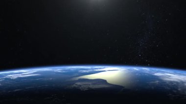 Toprak. Dünya 'nın uzaydan görünüşü. Yıldızlar parıldıyor. Dünya üzerinde uçmak. 4 bin. Dünya yavaşça döner. Gerçekçi atmosfer. 3D Volumetrik Bulutlar. Yıldızlı gökyüzü. Üç boyutlu animasyon. Çerçevede güneş yok..