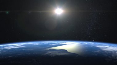 Toprak. Uzaydan bak. Yıldızlar parıldıyor. Dünya üzerinde uçmak. 4 bin. Dünya yavaşça döner. Güneş çerçevenin içinde. Gerçekçi atmosfer. 3 Boyutlu Ses Ölçümü Bulutları.