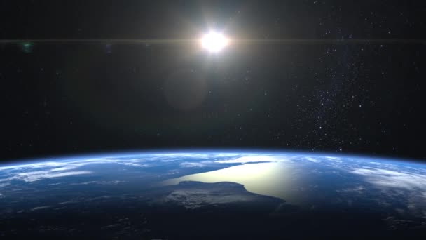 地球だ 宇宙からの眺め 星が輝きます 地球上を飛行する 地球はゆっくりと回転する 太陽は枠の中にある 現実的な雰囲気 3Dボリュームクラウド — ストック動画