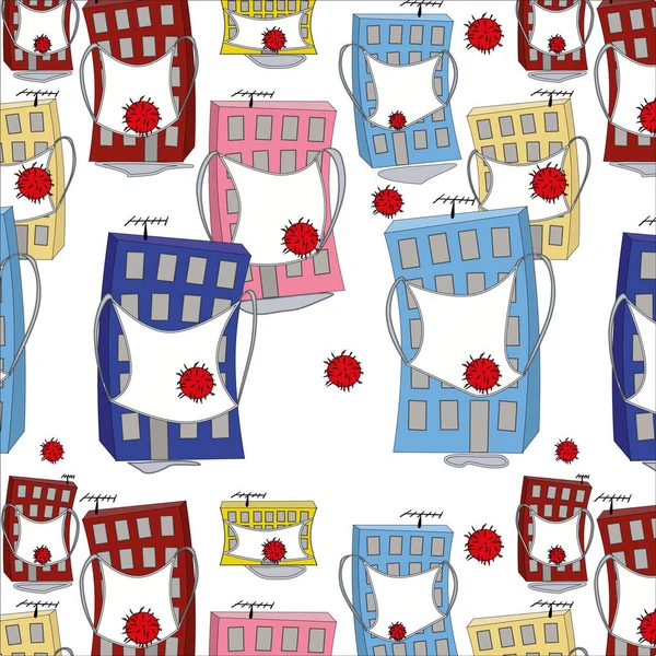 Vector illustration pattern of a multi-colored funny houses of Moscow on self-quarantine protected by medical masks from flying corona virus covid-19 bacteria, seamless texture.