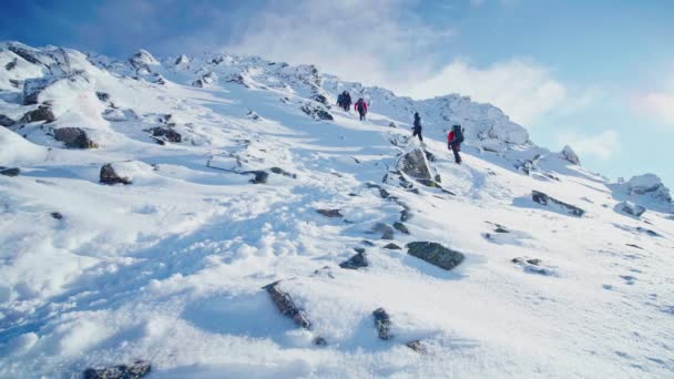 Eine Gruppe Bergsteiger, die im Winter einen Berg besteigen — Stockvideo