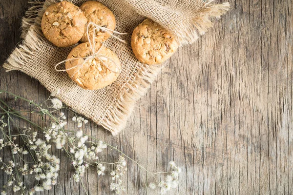 Top View Och Overhead Skott Cookies Gamla Trä Bakgrund Hembakade — Stockfoto