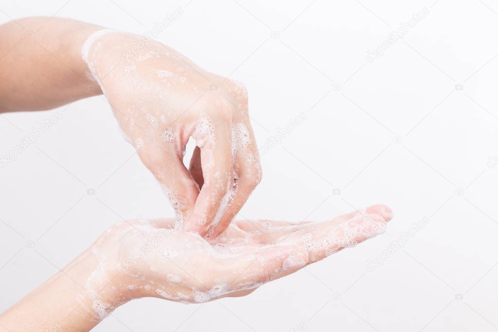 Asian woman hand are washing with soap bubbles on white background,Health and Lifestyle Concepts,Global Handwashing Day