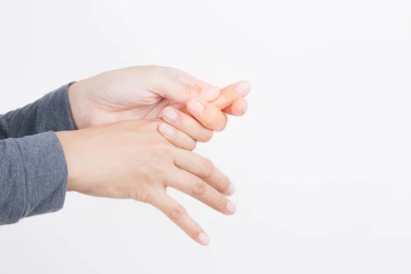 Жінка руки біль на білому тлі, концепції здоров'я та хвороб . — стокове фото