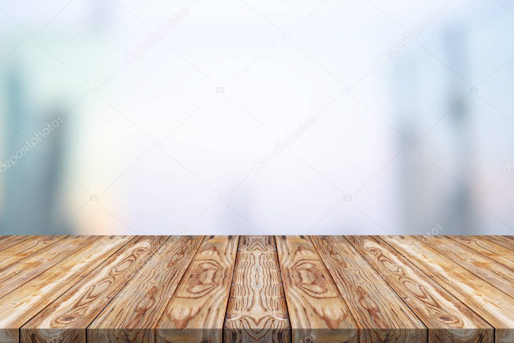 Wood table top on white blurred  background for montage