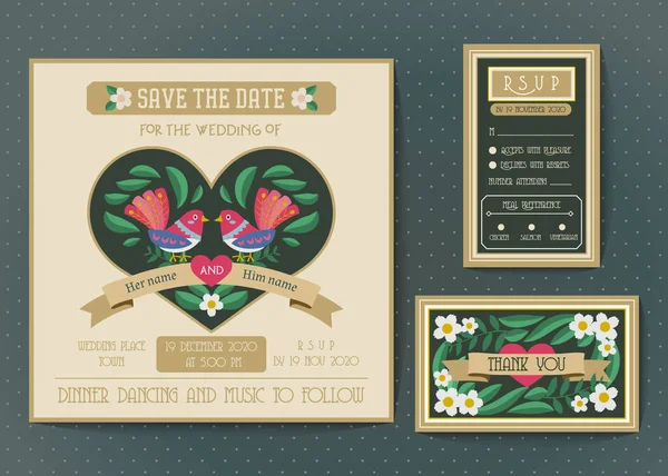 Conjunto Plantilla Invitación Boda Vector Boda Invitación Estilo Vintage Con — Archivo Imágenes Vectoriales