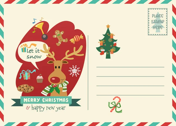 Feliz Navidad Feliz Año Nuevo Invitación Con Carácter Reno Tarjeta — Vector de stock