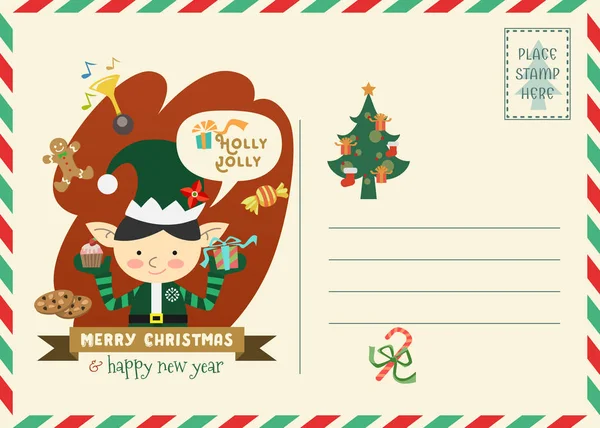 Feliz Natal Feliz Ano Novo Convite Com Elfo Personagem Natal —  Vetores de Stock