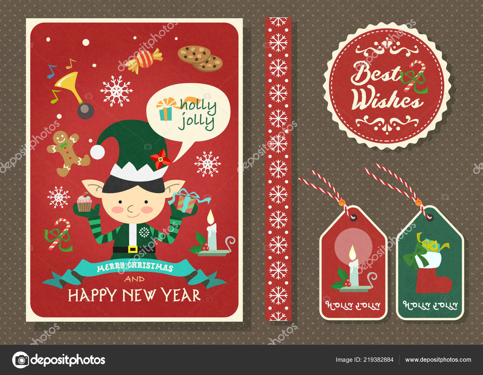 Merry Christmas and Happy new year vector greeting card with Elf cartoon character and badge Tag and Tape collection set — Vektor od znap