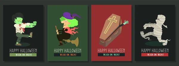 Cartão Postal Vetor Halloween Feliz Com Coleção Personagens Desenhos Animados — Vetor de Stock