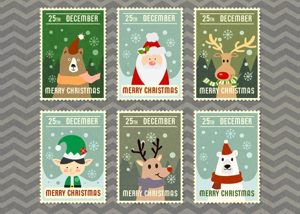 Frohe Weihnachten Und Vektor Grußkarte Mit Cartoon Figur Briefmarkenstil Frohe Vektorgrafiken