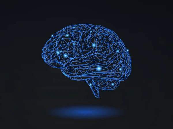 Düşük poli tel kafes beyin siyah arka plan üzerinde parlayan bağlantı noktalı