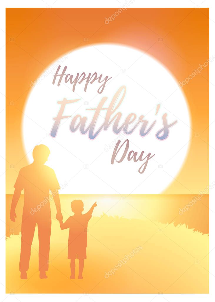 Happy father's day greeting card with calligraphy text on the sunset scenery in orange color tone on watercolor painting illustration style