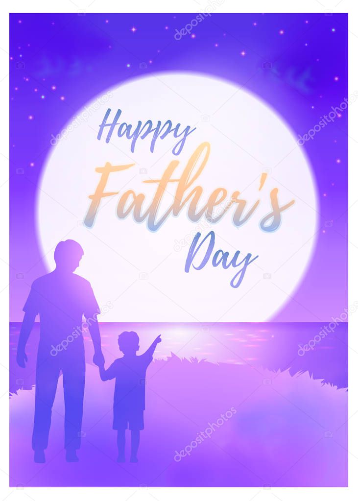 Happy father's day greeting card with calligraphy text on the moon night scenery in purple color tone on watercolor painting illustration style