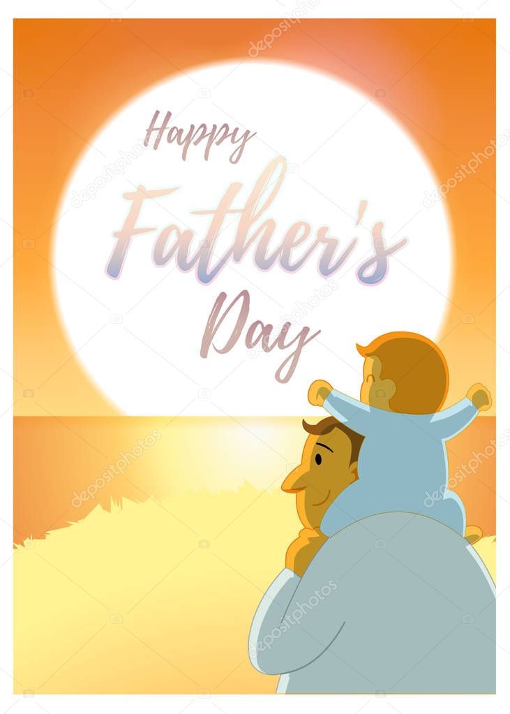 Baby riding on the neck of father illustration with sunset scenery for father's day greeting card