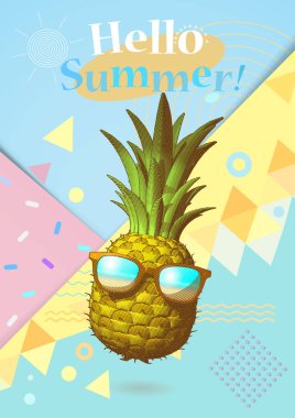 Soyut geometri öğe ve ananas illüstrasyon güneş gözlüğü ile olay yaz için pastel renkli arka plan üzerinde çizim oyma