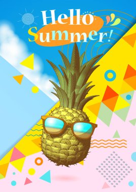 Soyut geometri öğe ve ananas illüstrasyon güneş gözlüğü ile olay yaz için pastel renkli arka plan üzerinde çizim oyma