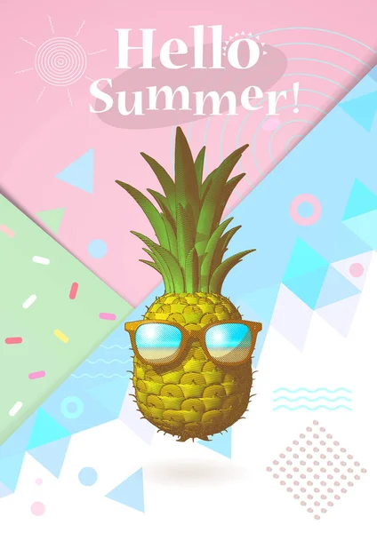 Soyut geometri öğe ve ananas illüstrasyon güneş gözlüğü ile olay yaz için pastel renkli arka plan üzerinde çizim oyma