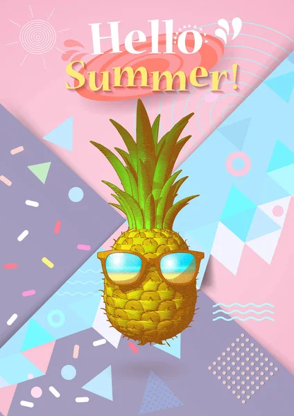 Soyut geometri öğe ve ananas illüstrasyon güneş gözlüğü ile olay yaz için pastel renkli arka plan üzerinde çizim oyma