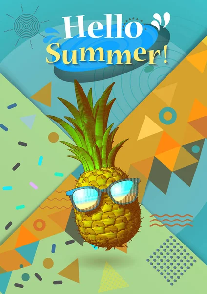 Soyut geometri öğe ve ananas illüstrasyon güneş gözlüğü ile yaz olay kavramı için pastel renkli arka plan üzerinde çizim oyma
