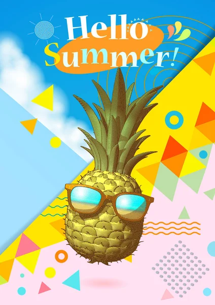 Soyut geometri öğe ve ananas illüstrasyon güneş gözlüğü ile olay yaz için pastel renkli arka plan üzerinde çizim oyma