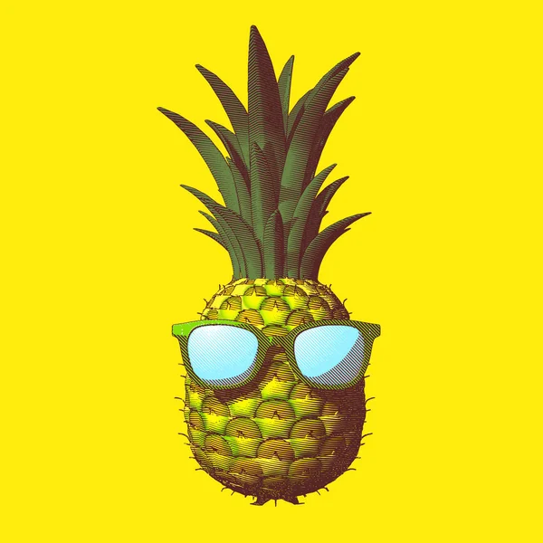 Färg Gravyr Ananas Med Glasögon Illustration Isolerade Ljusa Gul Bakgrund — Stock vektor