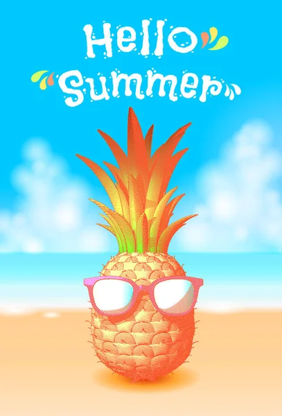 Renkli oyma ananas güneş gözlüğü çizim ile yaz plaj arka plan üzerinde çizim