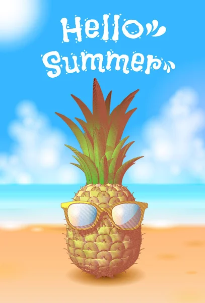 彩色雕刻画菠萝与太阳镜插图在夏季海滩背景 — 图库矢量图片