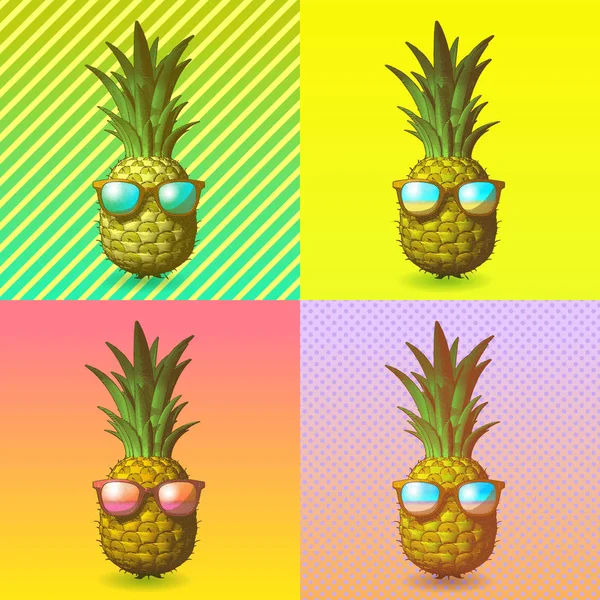 Gravure Van Ananas Met Zonnebril Afbeelding Kleur Popart Achtergrondstijl Voor — Stockvector