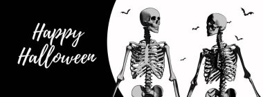 Cadılar Bayramı afiş için siyah ve beyaz arka plan üzerinde oyma insan iskeleti birkaç