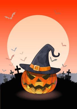 Jack o fener dolunay boşluk Cadılar Bayramı tebrik için turuncu ve siyah renk tonu ile mezarlık arka plan balkabağı ve cadı şapkası 
