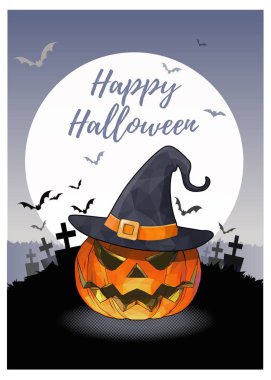 Jack o fener dolunay boşluk Cadılar Bayramı tebrik için mor gri renk tonu ile mezarlık arka plan balkabağı ve cadı şapkası 