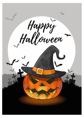 Jack o fener tek renkli gri gökyüzü ve dolunay mezarlık arka plan üzerinde Cadılar Bayramı tebrik için cadı şapka ile 