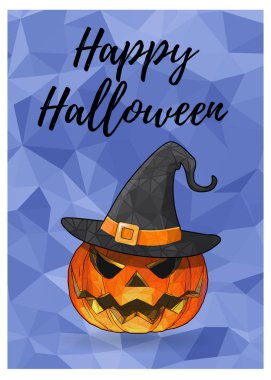 Poligonal Jack o fener kabak Cadılar Bayramı tebrik için mavi mor düşük poli arka plan cadı şapka ile