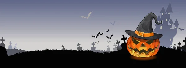 ハロウィーン カバー バナー挨拶 空白文字と薄い灰色の空墓地背景のジャック ランタンと魔女帽子イラスト — ストックベクタ