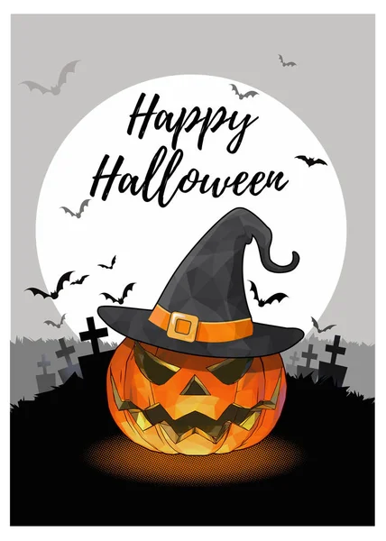 Jack o fener tek renkli gri gökyüzü ve dolunay mezarlık arka plan üzerinde Cadılar Bayramı tebrik için cadı şapka ile 