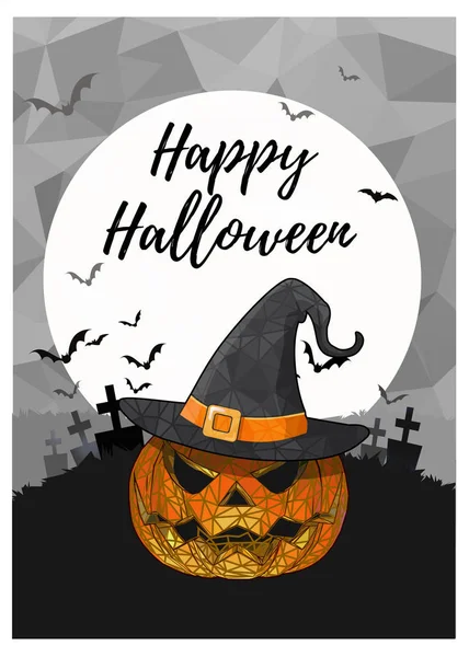 Poligonal Jack o fener kabak tek renkli dolunay mezarlık arka plan gri düşük poli Cadılar Bayramı tebrik için arka plan ile cadı şapka ile