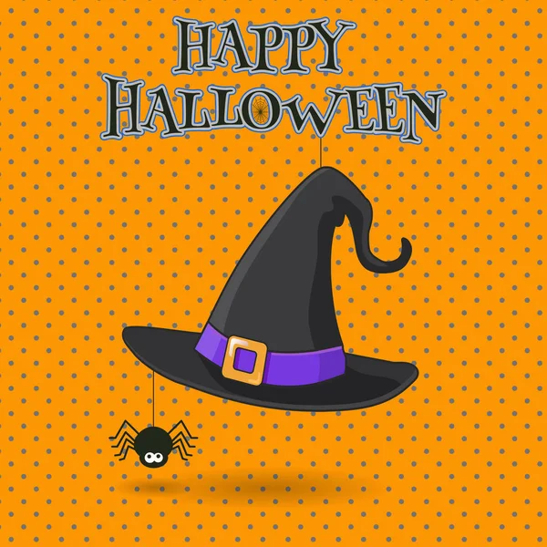 Powiesić Kapelusz Czarownicy Spiderspining Ilustracja Web Tle Pomarańczowy Pozdrowienie Halloween — Wektor stockowy